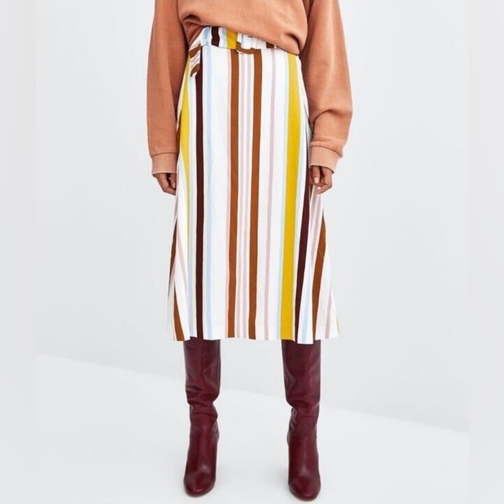 High Waisted Midi Striped Skirt Zara Belt Detail